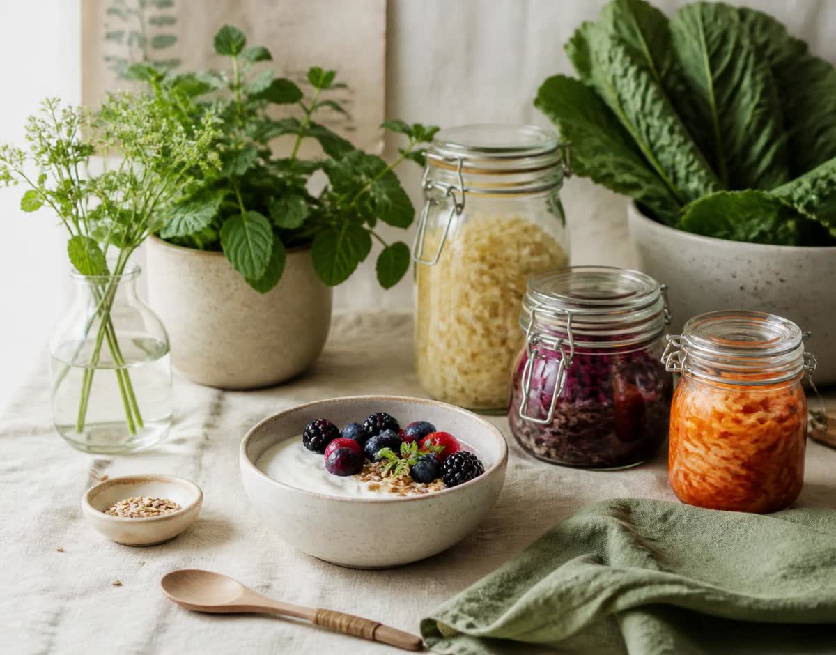Yogurt with berries, jars of fermented vegetables and fresh herbs on a linen table
